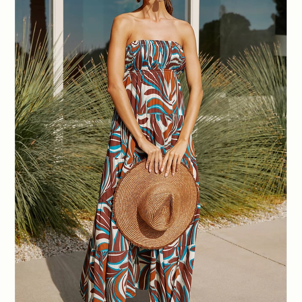 NWT anthropology, strapless tiered midi maxi dress green blue brown retail $128